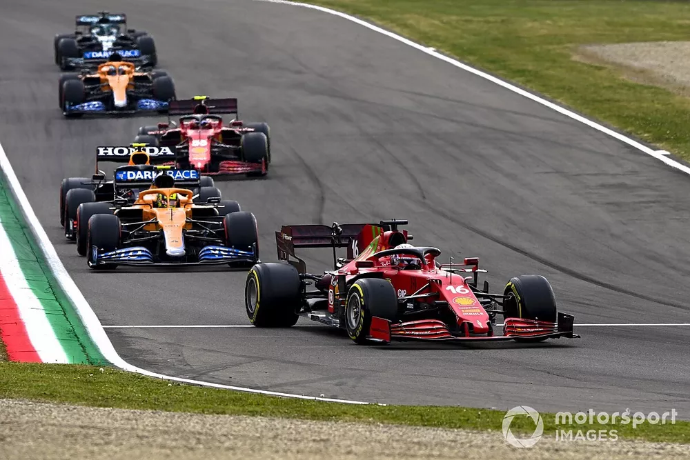 Charles Leclerc, Ferrari SF21, Lando Norris, McLaren MCL35M, Sergio Perez, Red Bull Racing RB16B, Carlos Sainz Jr., Ferrari SF21, Daniel Ricciardo, McLaren MCL35M, and Lance Stroll, Aston Martin AMR21