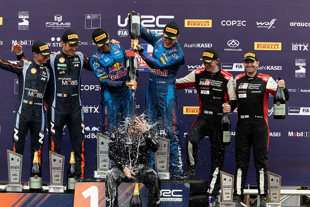 Podium: Winners Ott T&auml;nak, Martin J&auml;rveoja, M-Sport Ford World Rally Team Ford Puma Rally1, second place Thierry Neuville, Martijn Wydaeghe, Hyundai World Rally Team Hyundai i20 N Rally1, third place Elfyn Evans, Scott Martin, Toyota Gazoo Racing WRT Toyota GR Yaris Rally1