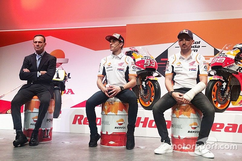 Marc M&aacute;rquez, Jorge Lorenzo, Repsol Honda Team, y Alberto Puig, Team Principal Repsol Honda