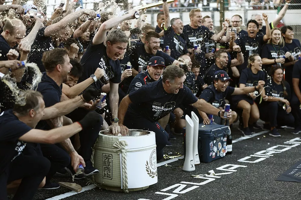 Max Verstappen, Red Bull Racing, 1st position, Sergio Perez, Red Bull Racing, the Red Bull Racing team celebrate after securing victory in the race and the 2023 Constructors title