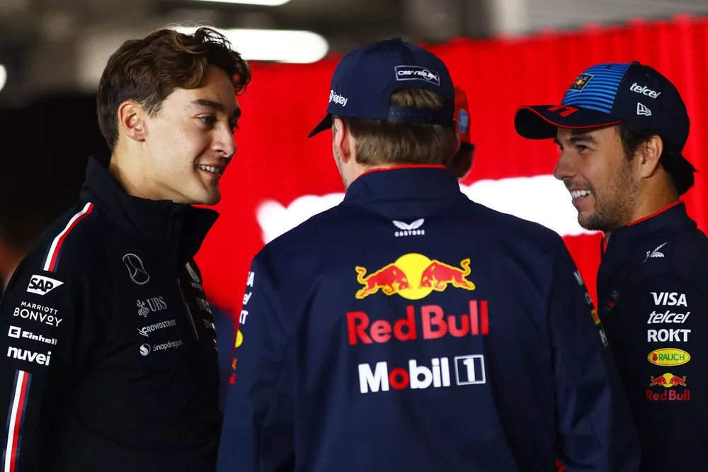 George Russell, Mercedes, Max Verstappen, Red Bull Racing, Sergio Pérez, Red Bull Racing