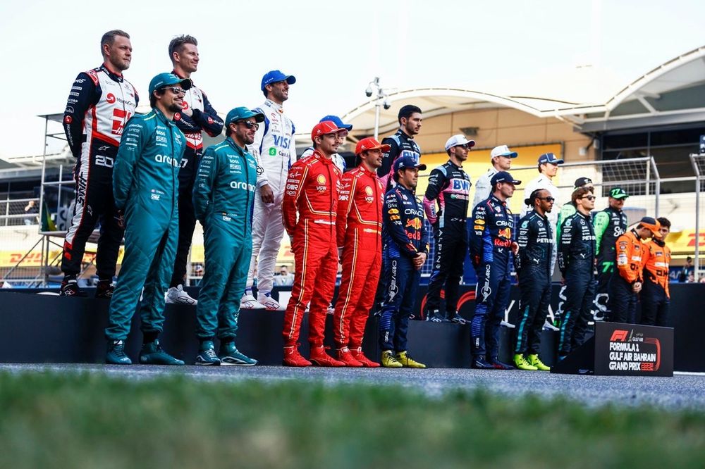 The 2024 Formula 1 grid
Top row: Kevin Magnussen, Haas F1 Team, Nico Hulkenberg, Haas F1 Team, Daniel Ricciardo, Visa Cash App RB F1 Team, Yuki Tsunoda, Visa Cash App RB F1 Team, Esteban Ocon, Alpine F1 Team, Pierre Gasly, Alpine F1 Team, Logan Sargeant, Williams Racing, Alex Albon, Williams Racing, Zhou Guanyu, Stake F1 Team Kick Sauber, Valtteri Bottas, Stake F1 Team Kick Sauber
Bottom row: Fernando Alonso, Aston Martin F1 Team, Lance Stroll, Aston Martin F1 Team, Charles Leclerc, Scuderia Ferrari, Carlos Sainz, Scuderia Ferrari, Sergio Perez, Red Bull Racing, Max Verstappen, Red Bull Racing, Lewis Hamilton, Mercedes-AMG F1 Team, George Russell, Mercedes-AMG F1 Team, Oscar Piastri, McLaren F1 Team, Lando Norris, McLaren F1 Team
