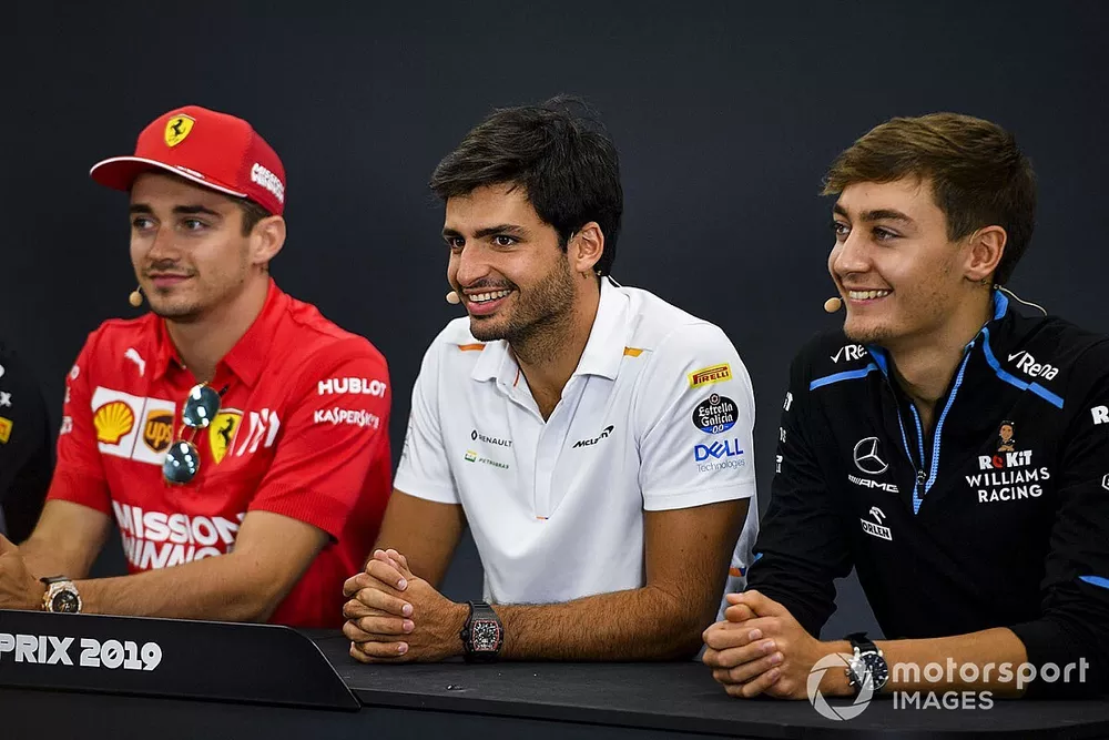 Charles Leclerc, Ferrari, Carlos Sainz Jr., McLaren and George Russell, Williams Racing in the Press Conference 