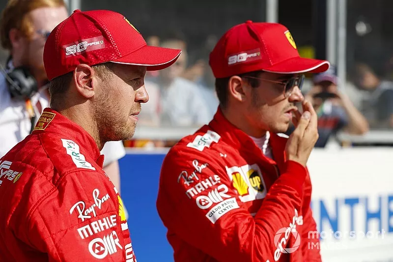 Pole winner Charles Leclerc, Ferrari, and Sebastian Vettel, Ferrari 