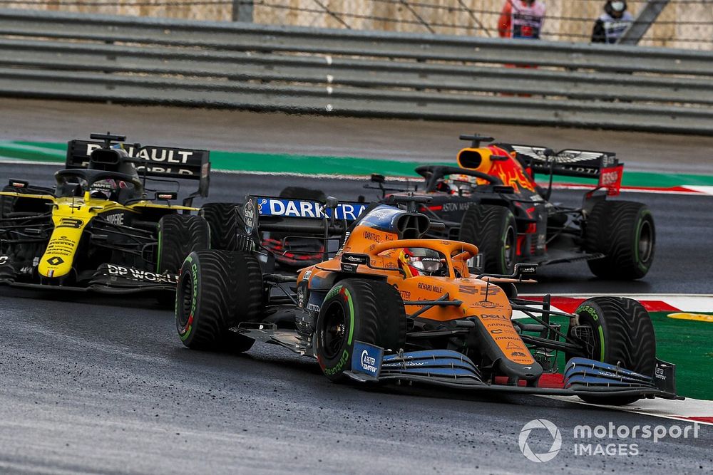 Carlos Sainz Jr., McLaren MCL35, Daniel Ricciardo, Renault F1 Team R.S.20, and Max Verstappen, Red Bull Racing RB16