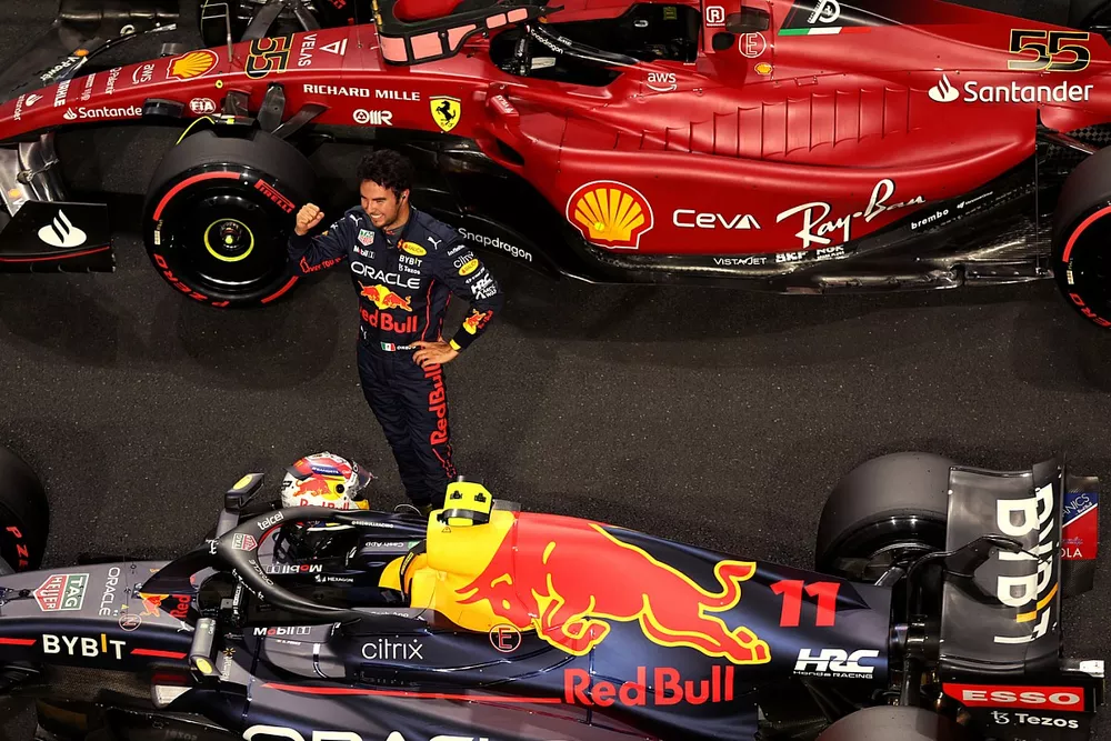 Pole man Sergio Perez, Red Bull Racing, celebrates in Parc Ferme