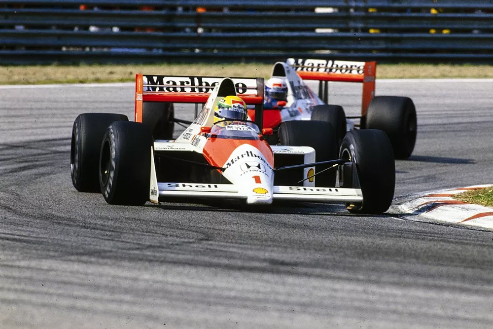 Ayrton Senna, McLaren MP4-5 Honda, leads Alain Prost, McLaren MP4-5 Honda 
