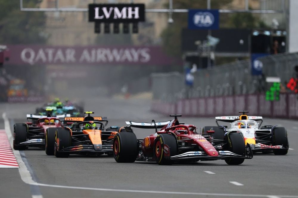 Charles Leclerc, Ferrari, Lando Norris, McLaren, Isack Hadjar, Racing Bulls Team