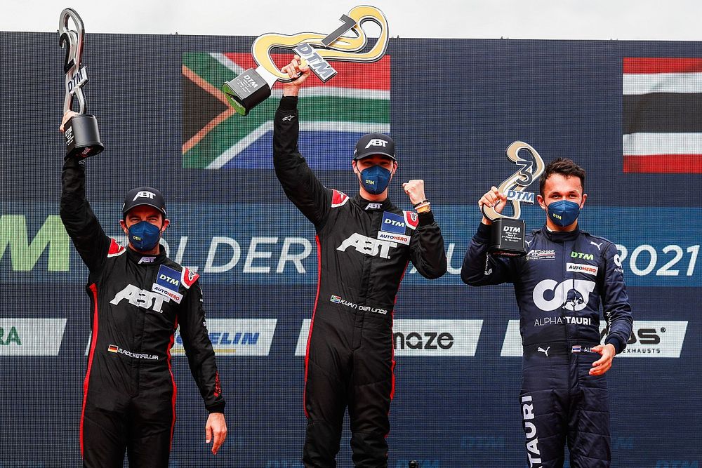 Podium: Race winner Kelvin van der Linde, Abt Sportsline, second place Mike Rockenfeller, Abt Sportsline, third place Alex Albon, AF Corse