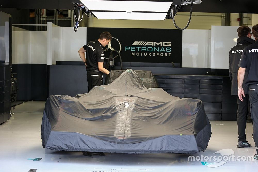 Mercedes-Benz F1 W08 under covers in the garage