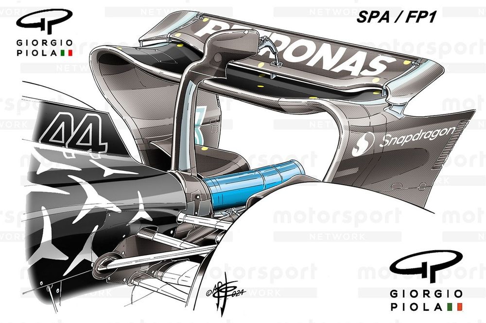 Detalle del alerón trasero del Mercedes F1 W15 en Bélgica
