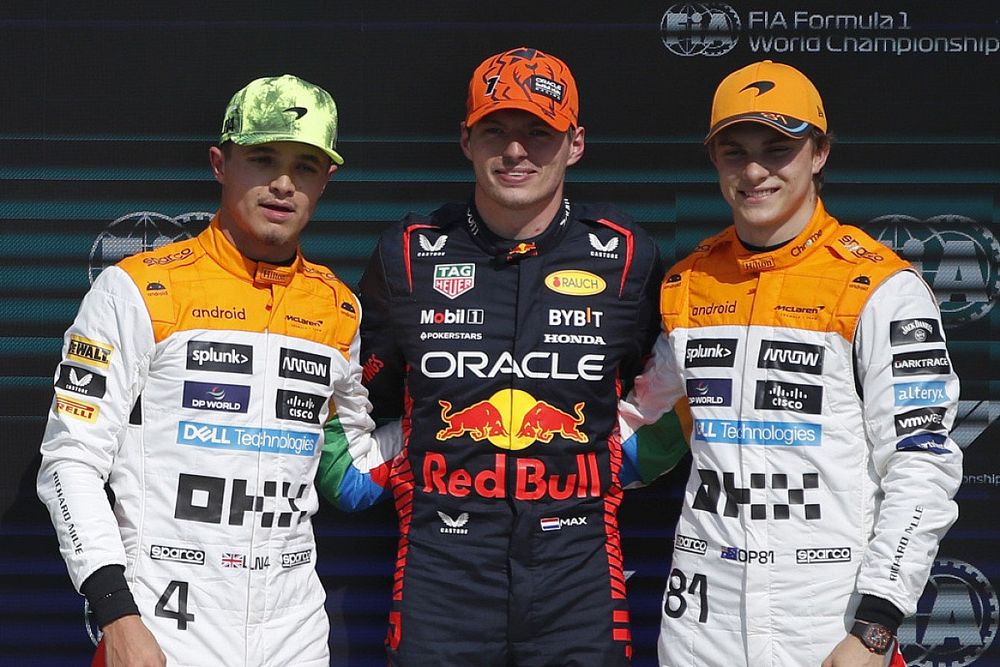 Top three qualifiers Lando Norris, McLaren, pole man Max Verstappen, Red Bull Racing, Oscar Piastri, McLaren