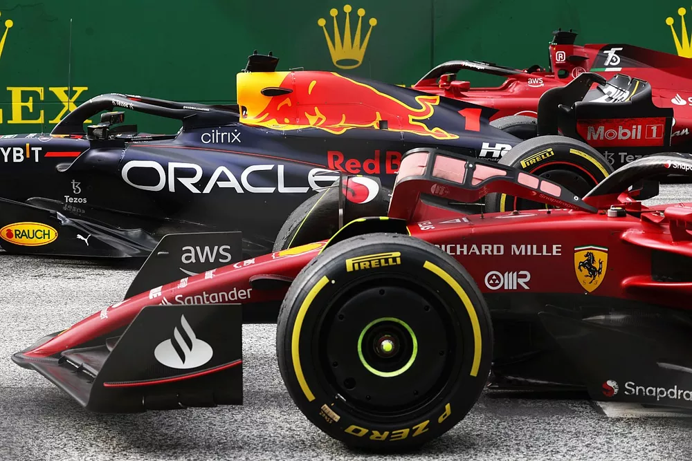 The cars of Carlos Sainz, Ferrari F1-75, 3rd position, Max Verstappen, Red Bull Racing RB18, 1st position, Charles Leclerc, Ferrari F1-75, 2nd position, in Parc Ferme after the Sprint race