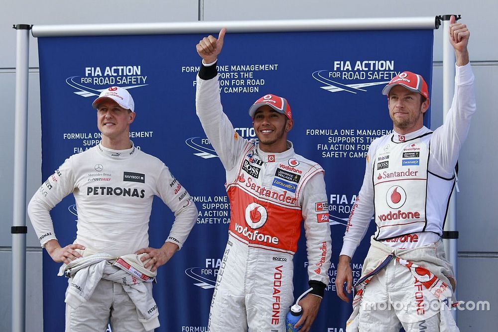 Michael Schumacher, Mercedes GP, Lewis Hamilton, Mclaren Mercedes y Jenson Button, Mclaren Mercedes