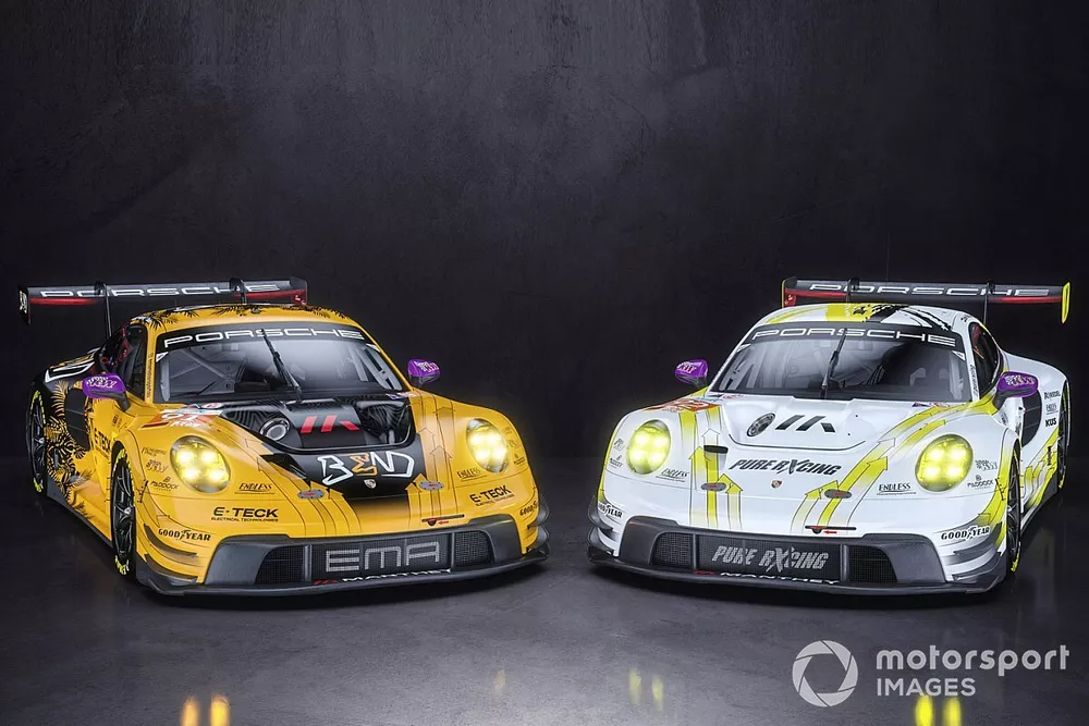 #92 Manthey EMA Porsche 911 GT3 R: Alex Malykhin, Joel Sturm, Klaus Bachler, #91 Racing Porsche 911 GT3 R: Yasser Shahin, Morris Schuring, Richard Lietz