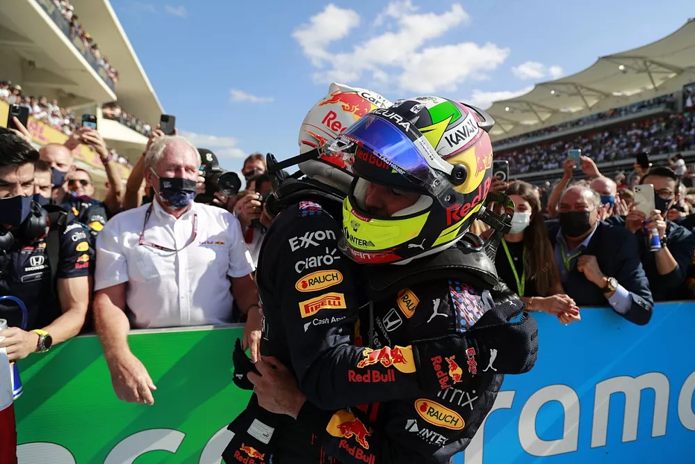 Max Verstappen, Red Bull Racing, 1st position, and Sergio Perez, Red Bull Racing, 3rd position, congratulate each other in Parc Ferme