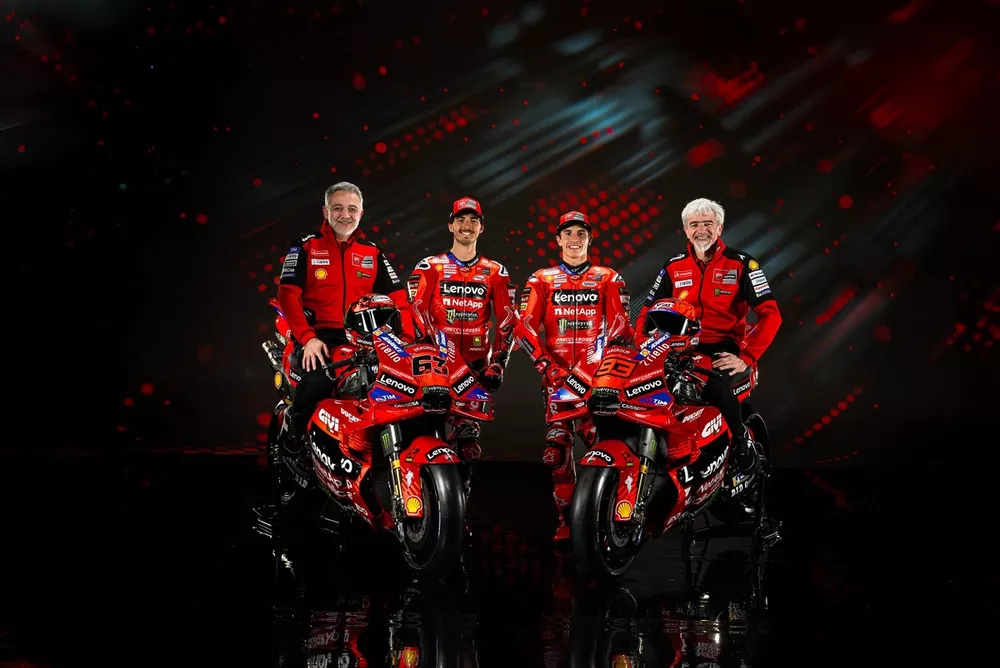 Mauro Grassilli, Sporting director Ducati, Francesco Bagnaia, Marc Marquez, Ducati Team. Gigi Dall&rsquo;Igna, Ducati general manager