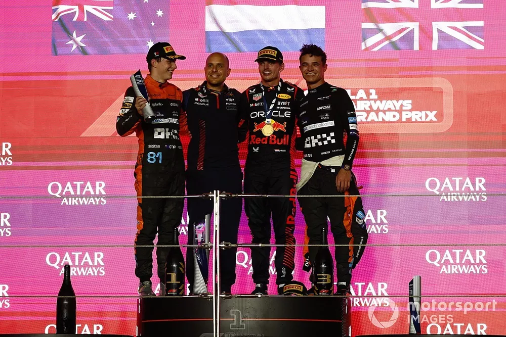 Oscar Piastri, McLaren, 2nd position, Gianpiero Lambiase, Race Engineer, Red Bull Racing, Max Verstappen, Red Bull Racing, 1st position, Lando Norris, McLaren, 3rd position, on the podium