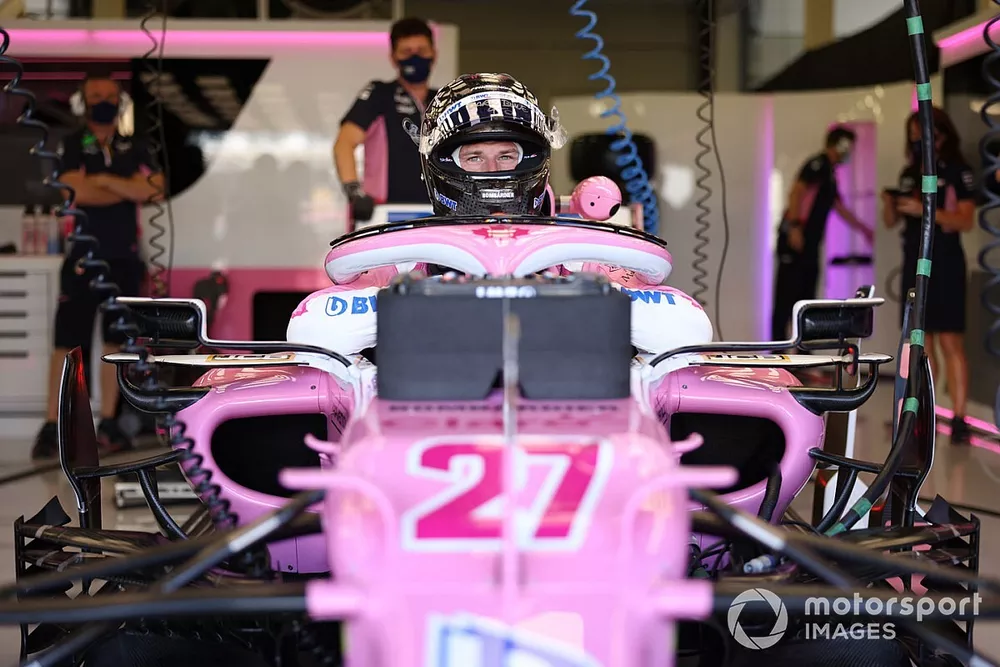 Nico Hulkenberg, Racing Point RP20, climbs into his car