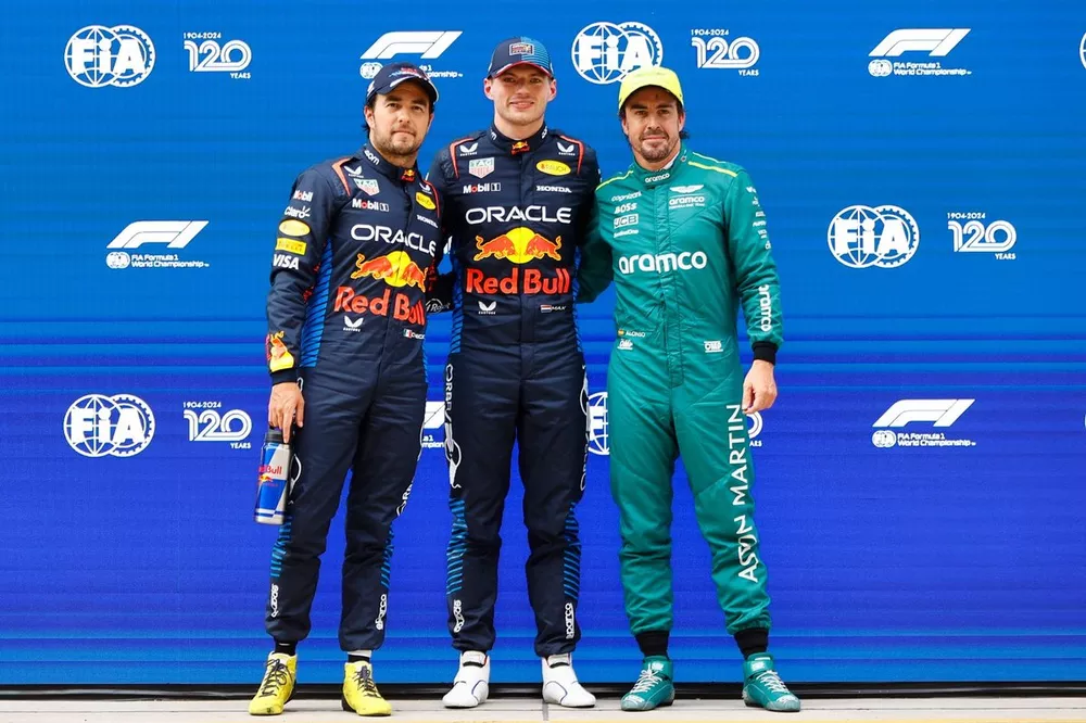 Top three Qualifiers Sergio Perez, Red Bull Racing, pole man Max Verstappen, Red Bull Racing, Fernando Alonso, Aston Martin F1 Team