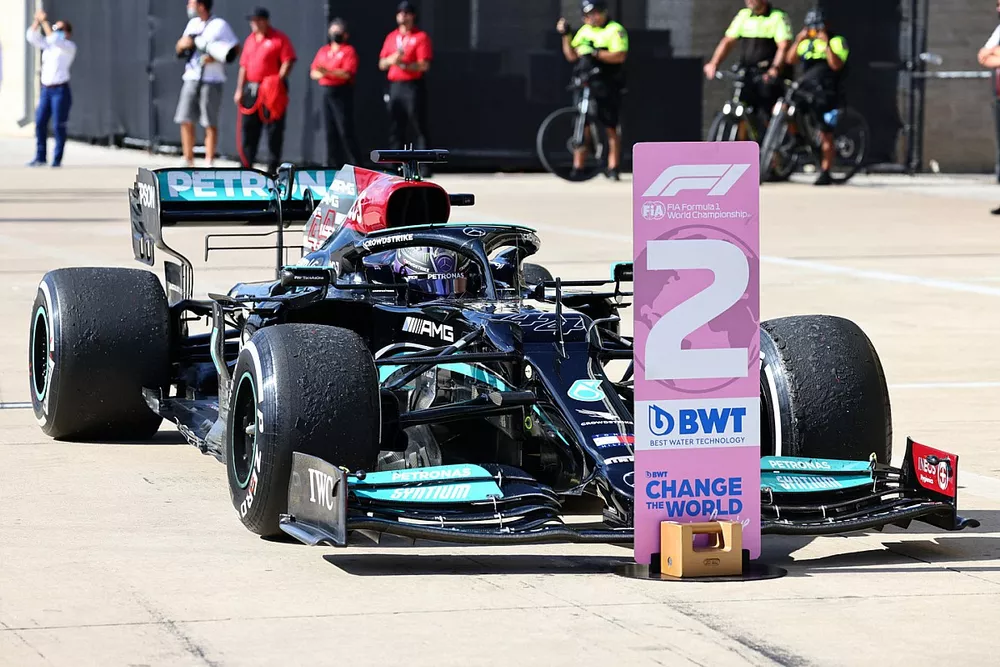 Lewis Hamilton, Mercedes W12, 2nd position, arrives in Parc Ferme