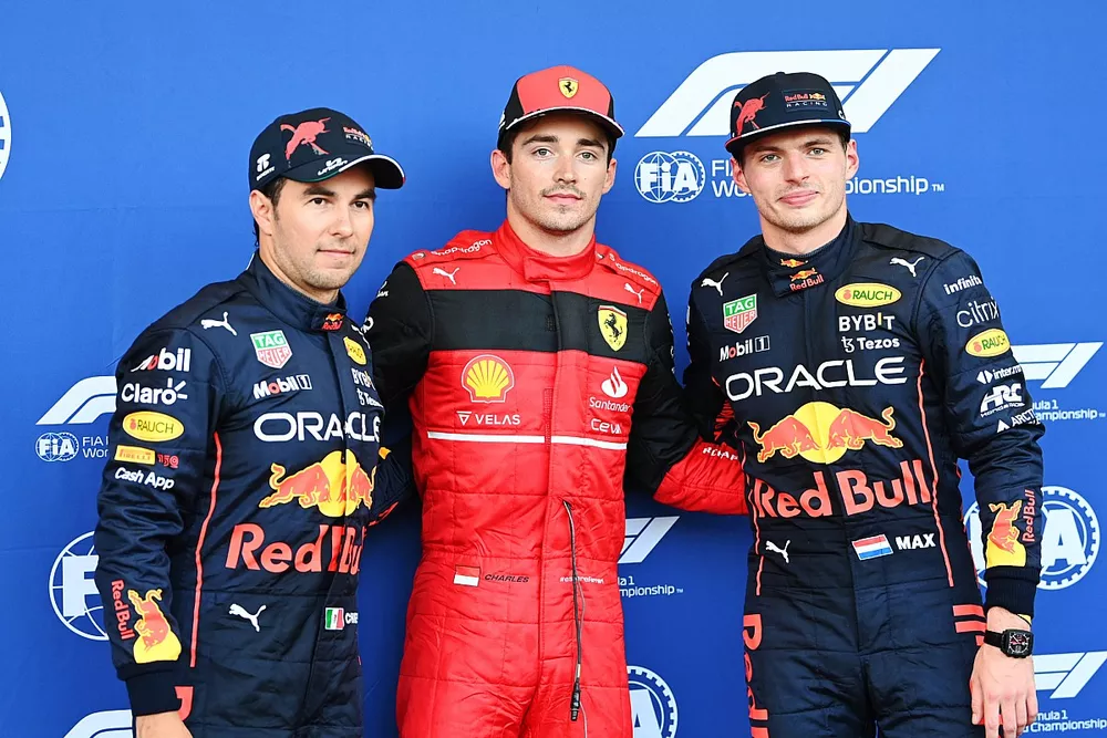Top three Qualifiers Sergio Perez, Red Bull Racing, pole man Charles Leclerc, Ferrari, Max Verstappen, Red Bull Racing