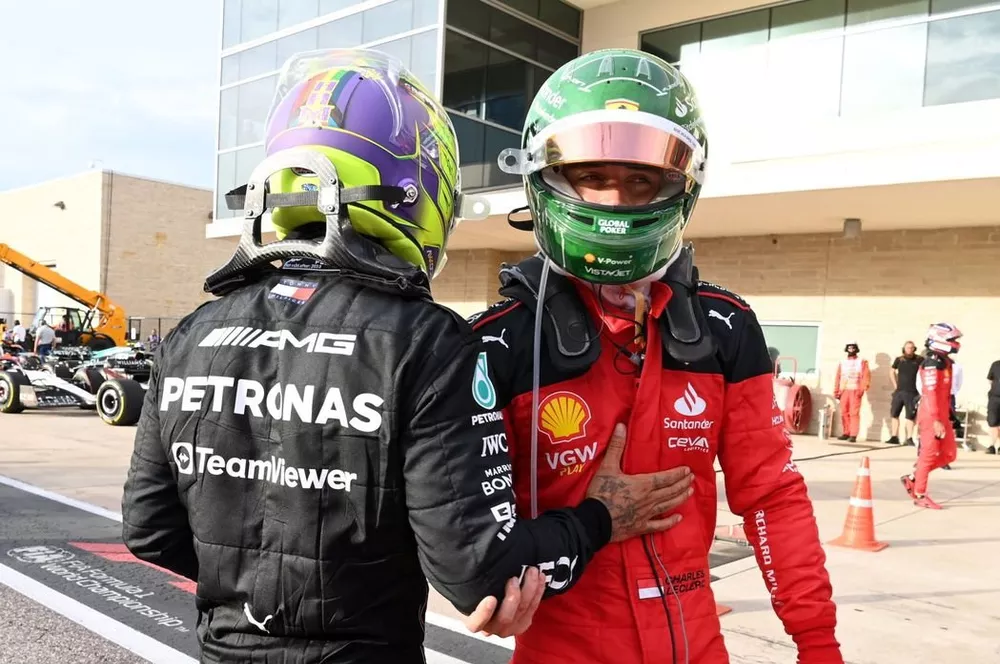 Lewis Hamilton, Mercedes-AMG, 2nd position, Charles Leclerc, Scuderia Ferrari, 3rd position, congratulate each other in Parc Ferme after the Sprint race