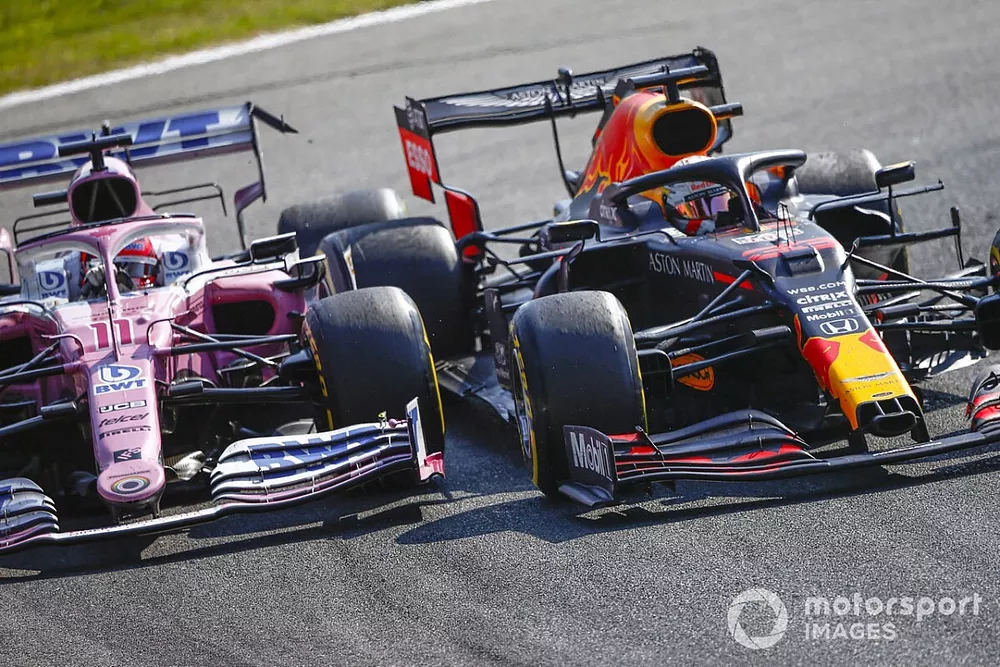 Max Verstappen, Red Bull Racing RB16, battles with Sergio Perez, Racing Point RP20