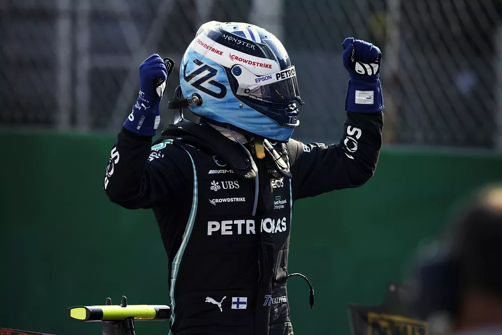 Valtteri Bottas, Mercedes, 1st position, celebrates in Parc Ferme