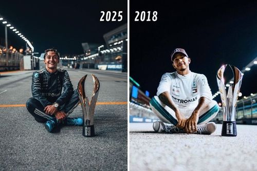シンガポールGPを制したラッセル、”先輩”ハミルトンに敬意を表し、憧れの写真を撮影「あの1枚を見て、F1で戦うのを夢見たんだ」