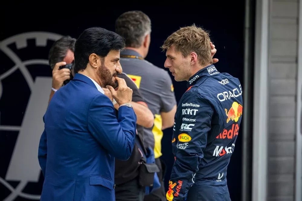 Max Verstappen, Red Bull Racing, speaks to Mohammed Ben Sulayem, President, FIA 