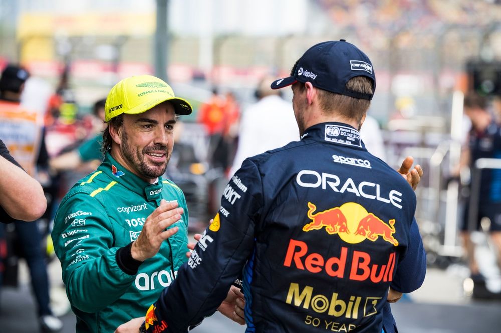 Pole Man Max Verstappen, Red Bull Racing, and Fernando Alonso, Aston Martin F1 Team, in Parc Ferme after Qualifying