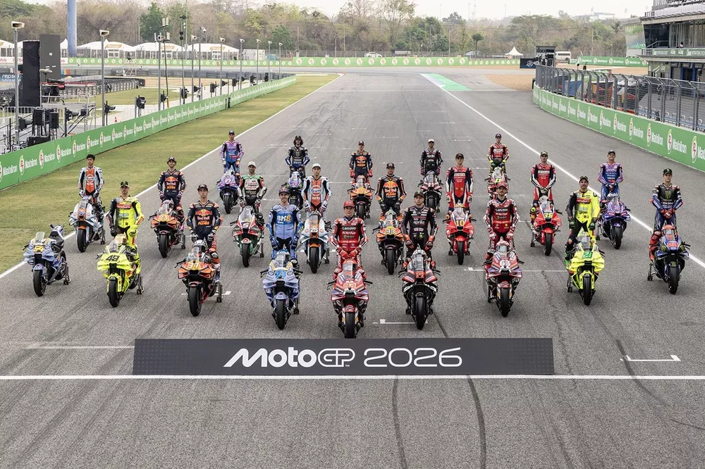 MotoGP riders pose for a group photo 