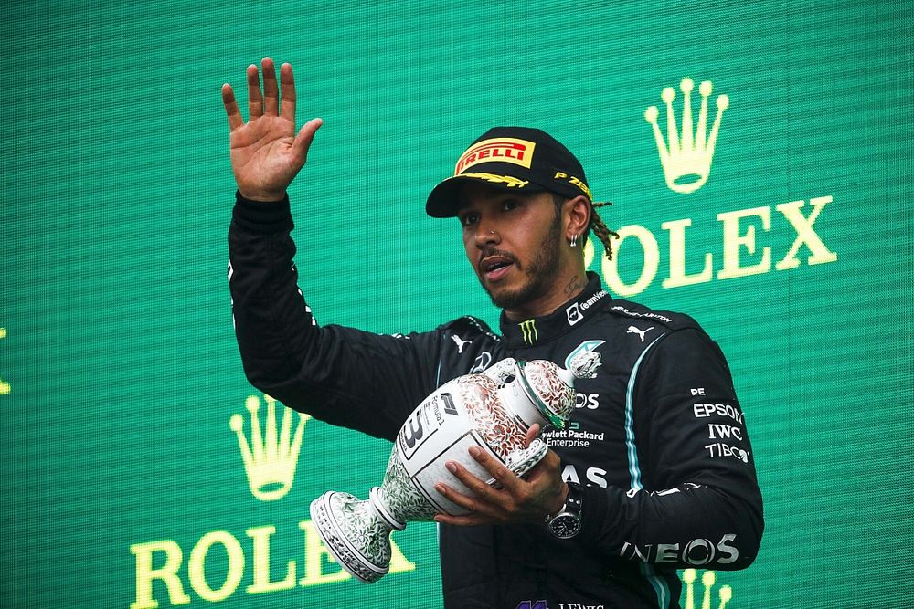 Lewis Hamilton, Mercedes, 3rd position, with his trophy