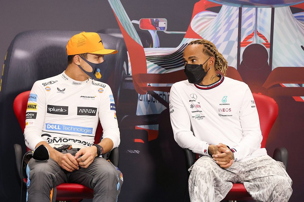 Lando Norris, McLaren, and Lewis Hamilton, Mercedes-AMG, in the Press Conference