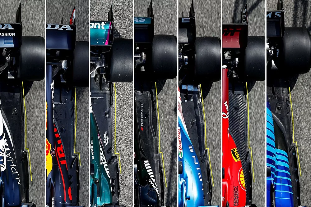 Comparaci&oacute;n de la forma del suelo de los coches de F1 2021