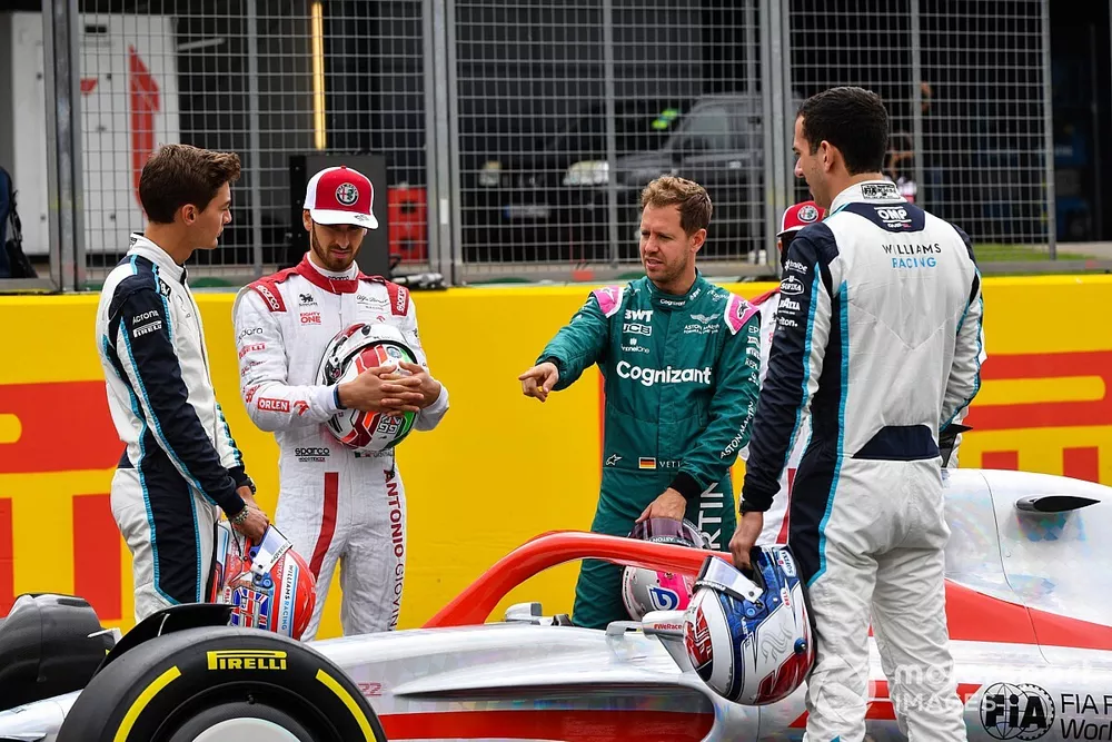The 2022 Formula 1 car launch event on the Silverstone grid. L-R: George Russell, Williams, Antonio Giovinazzi, Alfa Romeo Racing, Sebastian Vettel, Aston Martin and Nicholas Latifi, Williams