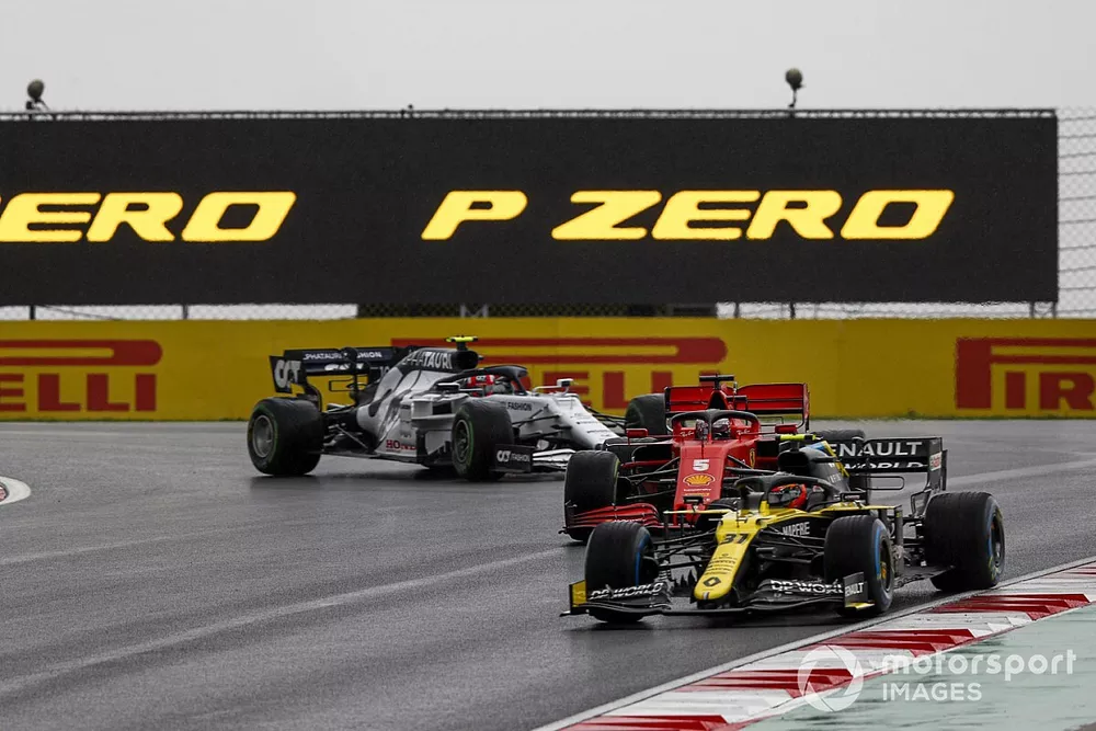 Esteban Ocon, Renault F1 Team R.S.20, Sebastian Vettel, Ferrari SF1000, and Pierre Gasly, AlphaTauri AT01