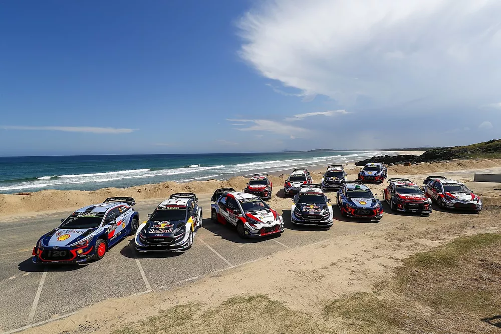 All the WRC cars entered for Rally Australia 2018, lined up for a group photo on the beach