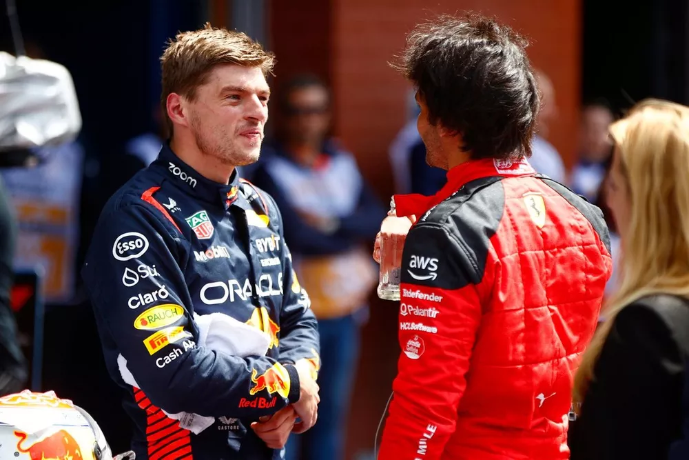 Sprint Shootout winner Max Verstappen, Red Bull Racing, talks with Carlos Sainz, Scuderia Ferrari, in Parc Ferme