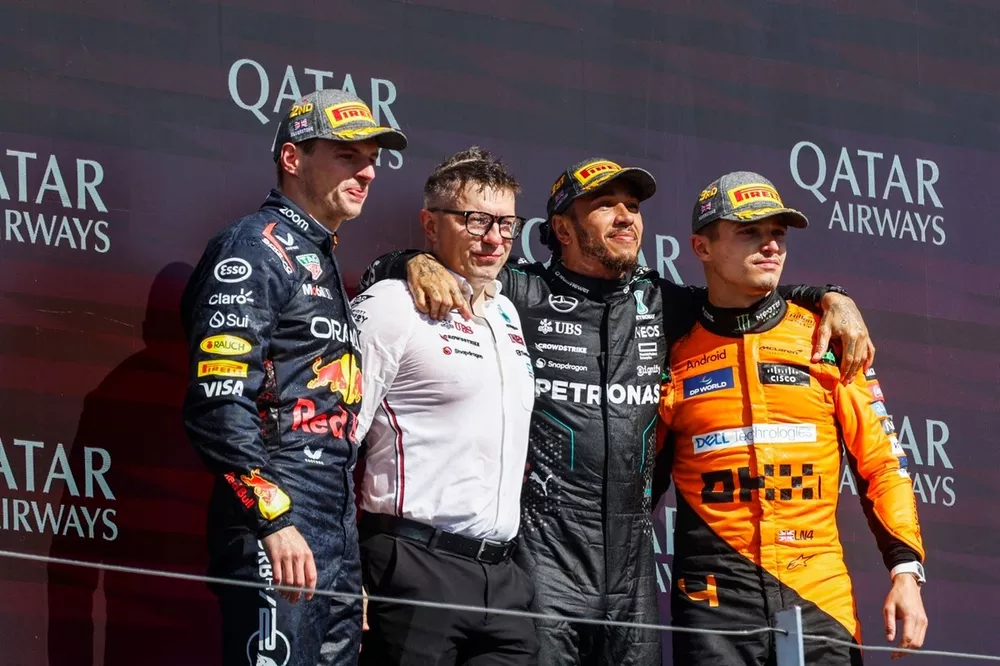 Max Verstappen, Red Bull Racing, 2nd position, Peter Bonnington, Senior Race Engineer, Mercedes-AMG F1 Team, Lewis Hamilton, Mercedes-AMG F1 Team, 1st position, Lando Norris, McLaren F1 Team, 3rd position, on the podium