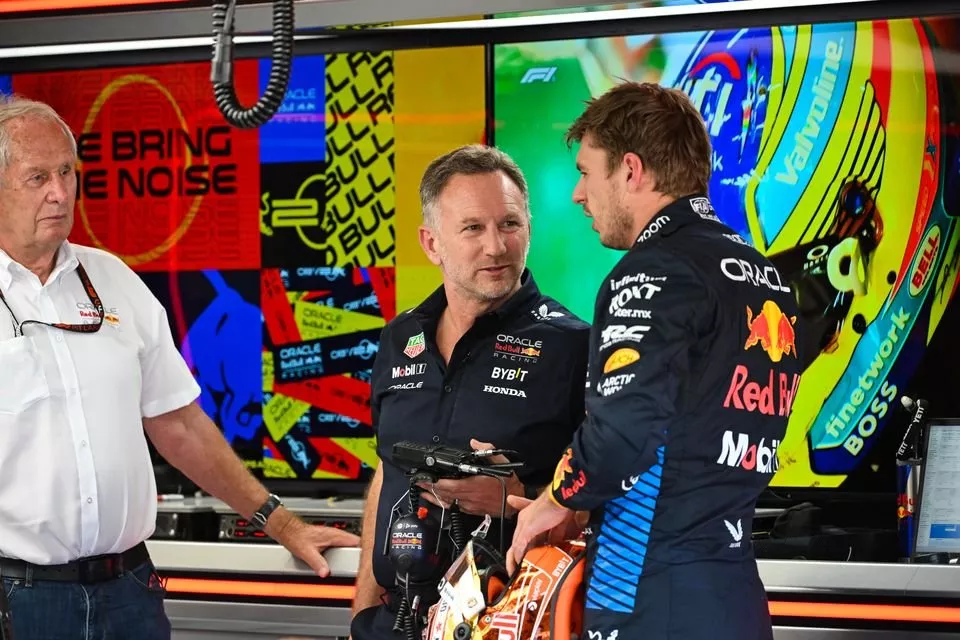 Helmut Marko, Consultant, Red Bull Racing, Christian Horner, Team Principal, Red Bull Racing, Max Verstappen, Red Bull Racing