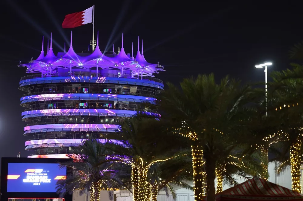 The Bahrain flag flies over the Sakhir Tower