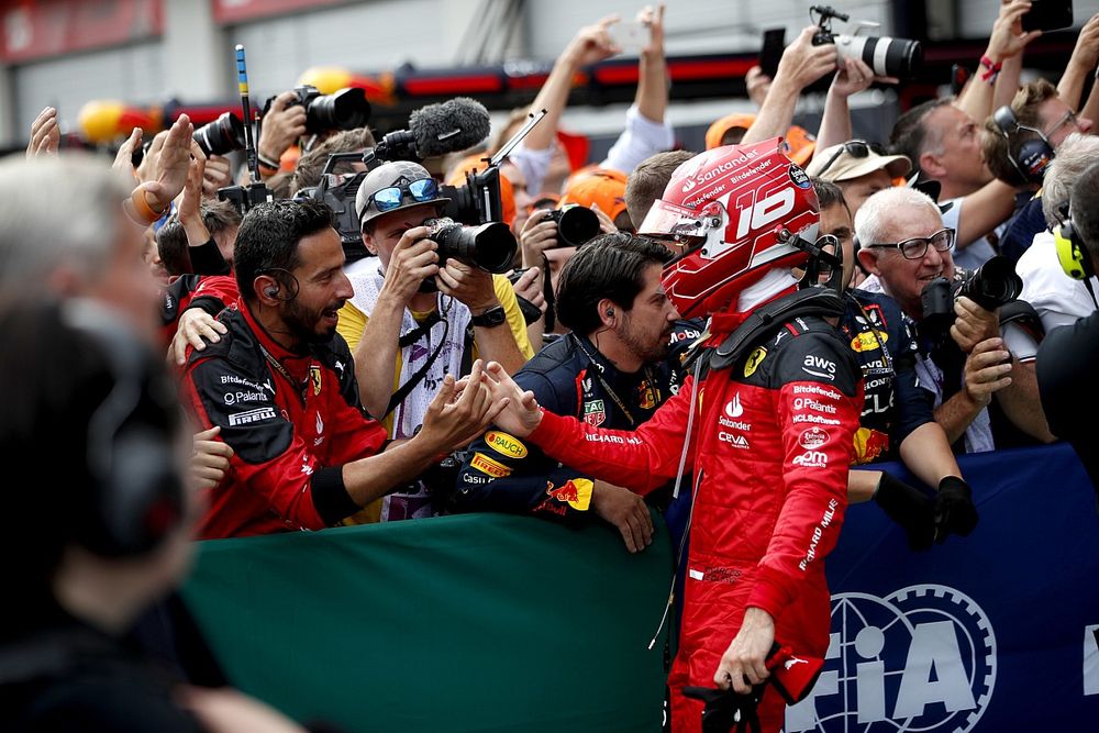 Charles Leclerc, Scuderia Ferrari, 2nd position, celebrates with his team on arrival in Parc Ferme