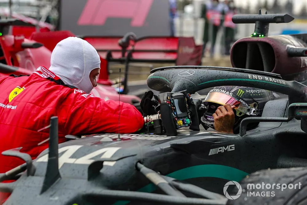 Sebastian Vettel, Ferrari, 3rd position, congratulates Lewis Hamilton, Mercedes-AMG F1, 1st position, in Parc Ferme