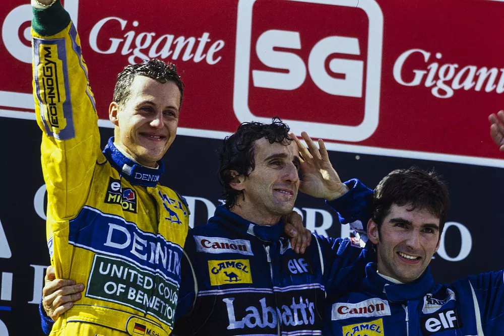 Podio: el ganador Michael Schumacher, Benetton, segundo lugar Alain Prost, Williams, tercer clasificado Damon Hill, Williams