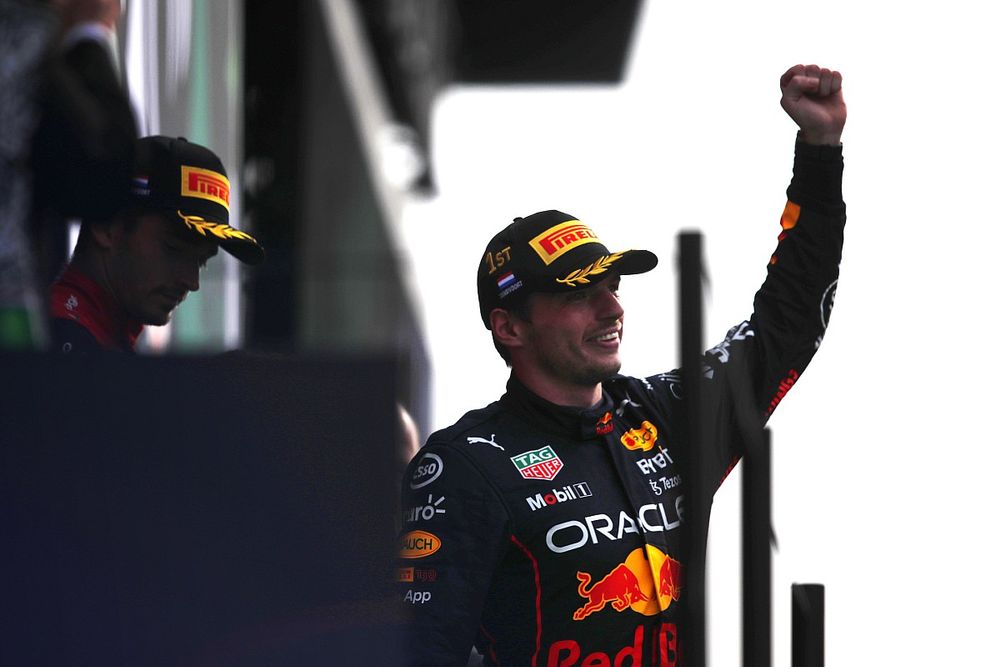 Max Verstappen, Red Bull Racing, 1st position, celebrates on the podium