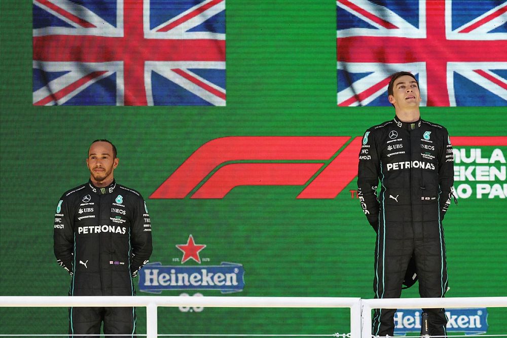 Lewis Hamilton, Mercedes AMG, 2nd position, George Russell, Mercedes AMG, 1st position, on the podium
