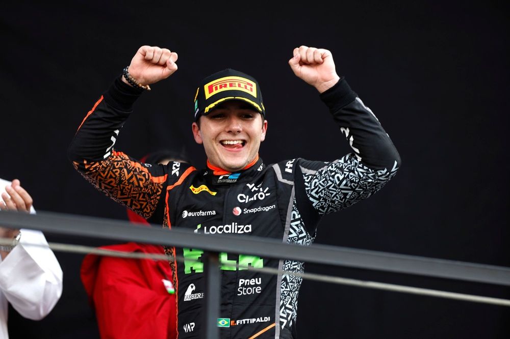 Enzo Fittipaldi, Van Amersfoort Racing, 1st position, celebrates on the podium 