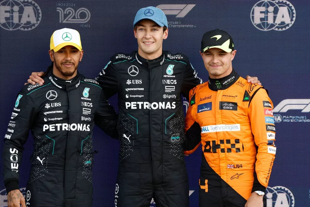 Top three qualifiers Lando Norris, McLaren F1 Team, pole man George Russell, Mercedes-AMG F1 Team, Lewis Hamilton, Mercedes-AMG F1 Team